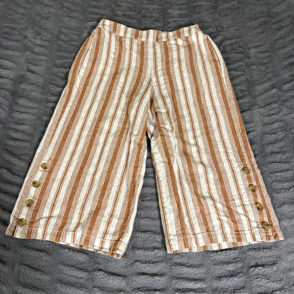 a.n.a Linen Cotton Striped Wide Leg Crop Pants Petite Small Rust White Button